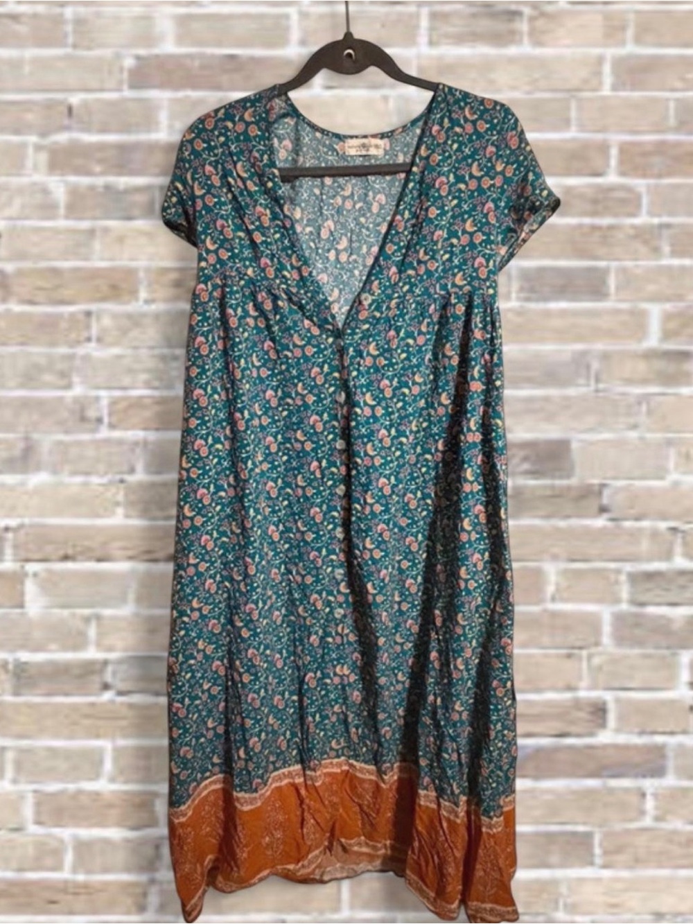 NATURAL LIFE Teal Floral Midi Dress with Rust Border